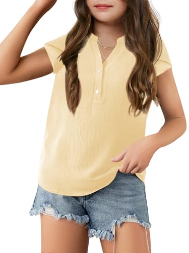 Image of Haloumoning Girls Petal Short Sleeve T Shirts V-Neck Tops | Summer, Casual Tops, Solid Color, Button Up Dress Shirt, 5-14 Years