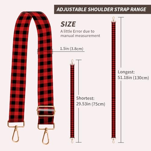 Image of Purse Strap Replacement Crossbody, 3.8cm Wide Shoulder Strap Adjustable Replacement Belt Gold Buckle, Handbag Crossbody Bag Strap Black Red Plaid