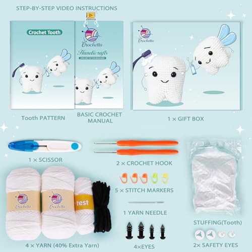Image of Crochet Kit for Beginners, Crochet Kit w Step-by-Step Video Tutorials, Crochet Starter Kit Learn to Crochet Kits for Adults Kids Beginners, Crochet Kit Tooth (40%+ Yarn Content)