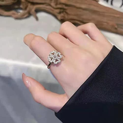 Four-Leaf Clover Spinner Rings Anxiety Fidget Ring for Anxiety Sterling Silver Plated Cubic Zirconia Flower Ring Relieving Stress Open Stacking Finger Calming Gifts Birthday Daughter Fashion Promise Engagement Statement Jewelry St Patrick's Day3
