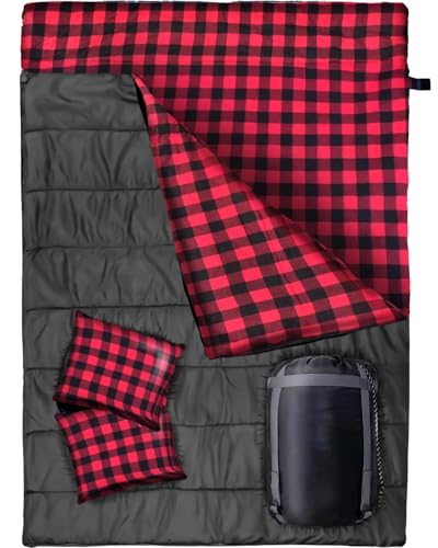 Double Sleeping Bag King Size Adult Two Person Camping Sleeping Bag Suitable for 4 Seasons Complete with Pillow & Internal Pocket for Hiking Indoor or Outdoor Adventures Flannel Black Check