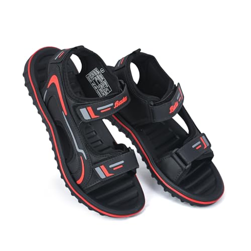 Image of Bata Men's Sports Sandals, Dual Velcro Strap, Textured Sole (BLACK /RED, UK Footwear Size System, Adult, Men, Numeric, Medium, 9)