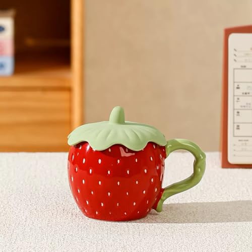 MAGICVOGEL Cute 3D Erdbeere Kaffeebecher mit Silikon Deckel 400ml Porzellan Kaffeetasse Milchbecher Schöne Teetasse Geschenk für Frau Mädchen Freundin Oma (Rot)