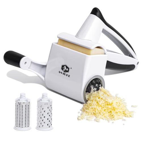 ANJUKE Râpe à parmesan, râpe à fromage rotative 2 en 1 avec 2 tambours en acier inoxydable pour râper sans effort le fromage dur, le chocolat, les noix et...