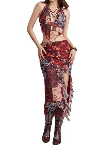 Image of Verdusa Women's 2 Piece Boho Skirt Sets Going Out Backless Halter Top with Split Skirt Rave Festival Outfits Western Clothes