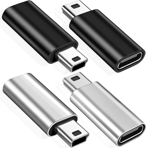 Xiatiaosann ミニUSB 2.0からUSB Cアダプタ、USBタイプCメスからミニUSBオス変換コネクタサポートチャージ&転送データ、GoPro、MP3、ダッシュカム用ミニUSBアダプタ(4パック、ブラック&シルバー)