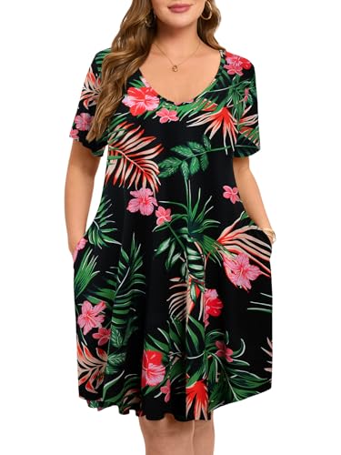 Image of ZENNILO Women's Plus Size Swing Dress with Pockets Casual Summer Dresses V Neck Short Sleeve T Shirt Dress for Women