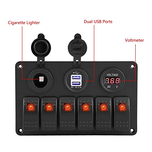 KIMISS 6 Gang LED Rocker Switch Panel for Cars & Boats, 12V 24V with Dual USB Ports, Voltmeter & Cigarette Lighter, Orange Backlit