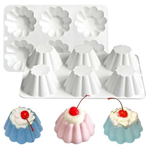 Fchil Silicone Pudding Mold, 6-Cavity Nonstick Jello Dessert Making Tray, Custard Mold for Mousse Cake, Set of 2, White
