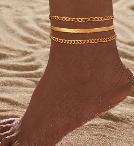 Image of Gold Anklets for Women Waterproof 14k Gold Plated Cuban Link Anklets Non Tarnish Rope Herringbone Ankle Chain Summer Beach Jewelry Gifts for Women