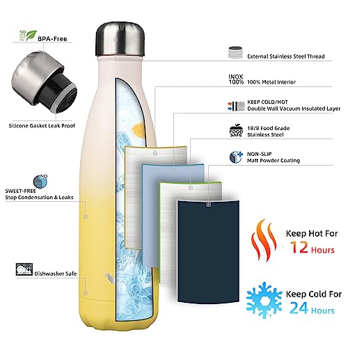 Image of Konokyo Insulated Water Bottles,17 oz Double Wall Stainless Steel Vacumm Metal Flask for Sports Travel,Lemon