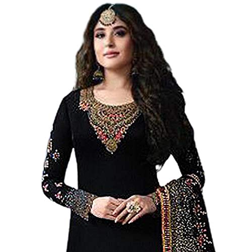 Image of Miss Ethnik Women's Black Georgette Semi Stitched Top With Unstitched Santoon Bottom and Faux Georgette Dupatta Embroidered Straight Kurta Dress Material (Salwar Suit Set) (ME-1-976-Black)
