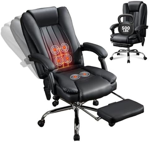 Massage Office Chair with Foot Rest – 500 lbs Capacity, Heated, 6 Vibration Points, Reclining Ergonomic Executive Desk Chair, PU Leather Heated Office Chair