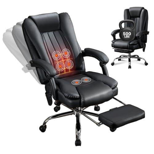 Massage Office Chair with Foot Rest – 500 lbs Capacity, Heated, 6 Vibration Points, Reclining Ergonomic Executive Desk Chair, PU Leather Heated Office Chair