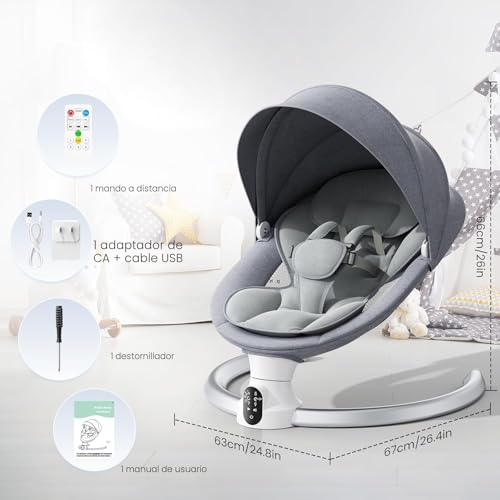 Miniatura 2 de Ixdregan Hamaca Para Bebé, Arnés Actualizado De 5-Puntos Eléctrica Silla Mecedora Para 0-9 Kg De Bebé, App Y Control Remoto Hamaca Bebe Con 3 Temporizadores, 5velocidades De Columpio Y Melodias Gris