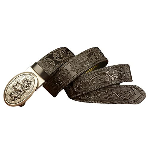 Embossed Leather Belt, Automatic Buckle Ratchet Belt with Engraved 3 Wolf Heads Filigree Buckle, Trim to Fit(110cm/waist:36