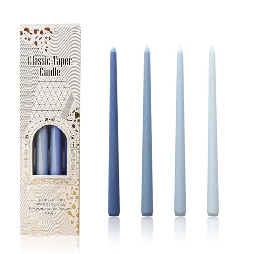 4 Pack Taper Candles, 10 inch Blue Ombre Pillar Candles, Smokeless Unscented, Long Lasting Christmas Dinner Candle, Clean Material, Fits Most Candle Holders for Restaurant Home