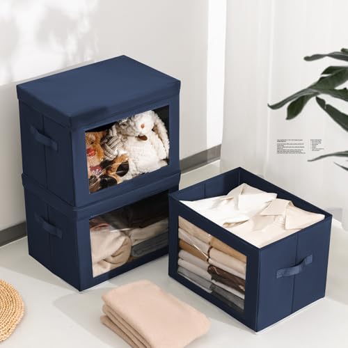 Image of Homsorout Stackable Storage Bins with Lids - Large Storage Box with Lids, Foldable Closet Boxes for Organizing, Wardrobe Clothes Organizer with Window, Cubes Bins for Living Room, 3 Pack, Navy Blue