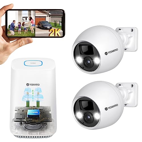 Yeskamo Outdoor Camera Wireless 2-Cams Kit Wireless Cameras For Home Security With Battery Security Camera,Spotlight,2K Fhd,Color Night Vision,Ip67 Waterproof, No Monthly Fee,Work With Alexa #TOP24