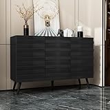 AIEGLE 47.2“W Buffet Cabinet Sideboard with 2 Adjustable Shelves, Modern Credenza Cupboard with 3 Stylish Doors, Wood Storage Cabinet, Black