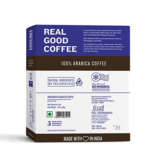 Image of Sleepy Owl Mocha Cold Brew Coffee Bags | Set of 5 Packs - Makes 15 Cups | Easy 3 Step Overnight Brew - No Equipment Needed | Medium Roast | 100% Arabica | Directly Sourced From Chikmagalur