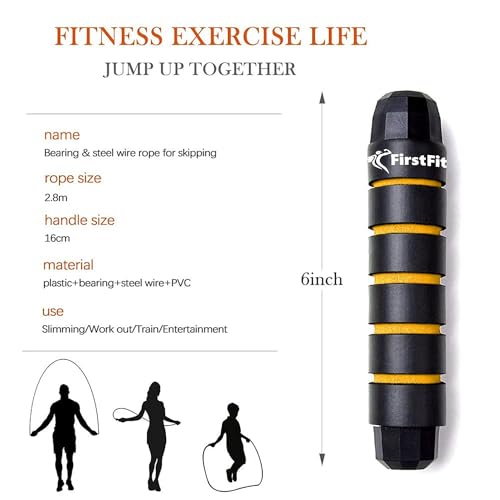 Image of FirstFit Jump Rope, Tangle-Free Rapid Speed Jumping Rope Cable with Ball Bearings for Women, Men, and Kids, Adjustable Steel Skipping Rope with Foam Handles (6 Month Warranty) (Black & Yellow)