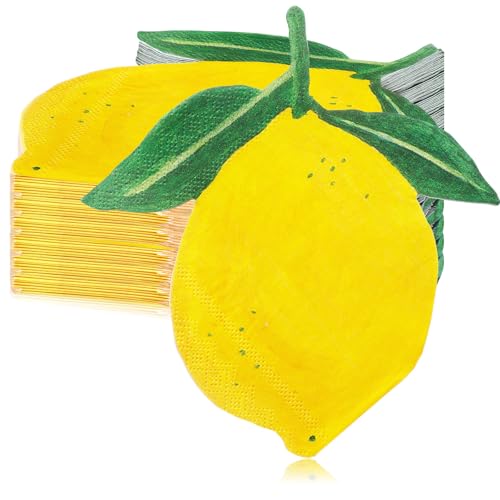 Janlaugh 100 Count Lemon Shaped Napkins Yellow Paper Cocktail Napkins 3-ply Disposable Napkin for Kitchen Bathroom Beverage Summer Party Supplies