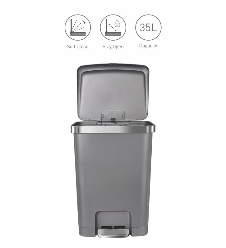 Image of Obsessions EKO 35L Plastic Step Bin with Pedal, Large Capacity Trash Can Ideal for Home, Kitchen and Office, Grey