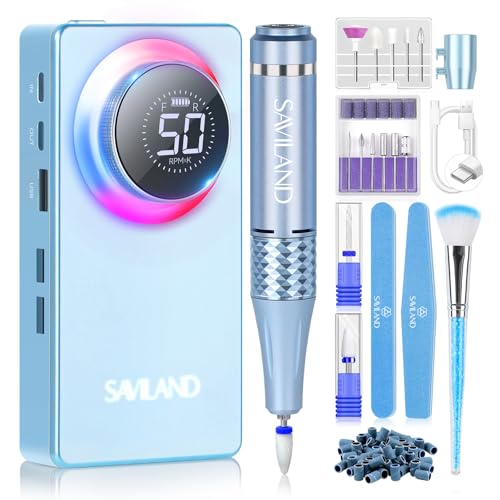 SAVILAND Electric Nail Drill Professional: 50000 RPM Efile Nail Drill for Acrylic Nails Rechargeable Portable Nail Filer Electric Cordless File with Ceramic Drill Bits for Manicure Salon