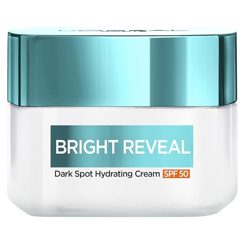 L'Oréal Paris Bright Reveal Crema hidratante para manchas oscuras SPF 50 para rostro, filtros UV con Mexoryl 400 patentado, 5,6% de complejo hidratante y 2% de niacinamida, protege, ilumina y unific