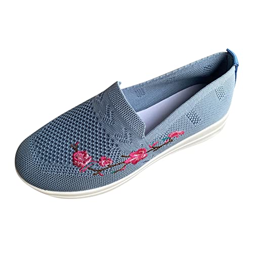 Genérico Zapatillas Deporte Mujer Deportivas para Correr Zapatos Deportivos Casuales de Fondo Decorativos Bordados de Malla de Punto Transpirable de Color Zapatillas Sin Cordones (Light Blue, 37)
