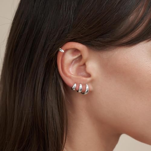 Silver Hoop Earrings Set for Women, Hypoallergenic Small Huggie Earrings Sterling Silver Chunky Silver Earrings for Women Trendy, Silver Hoop Earrings Set for Mulpitle Piercing Stack Cartilage Jewelry Statement Earrings Gifts3