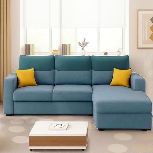 Image of Furny Tokiaa 4 Seater Fabric RHS L Shape Sofa Set (Sky Blue) | Soft Velvet Fabric | Modern Design | Comfortable Seating | Living Room Furniture
