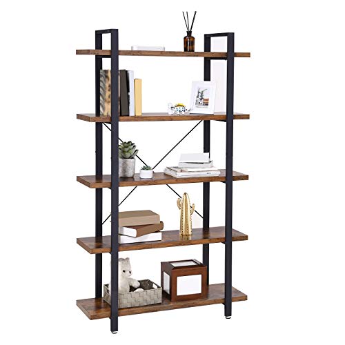 VASAGLE Industrial Bookshelf, 5-Tier Bookcase, Display Rack, Stable Ladder Shelf, Easy Assembly, Living Room, Bedroom, Office, Rustic Brown and Black ULLS55BX