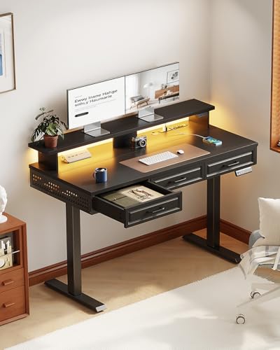 Image of OffiGo Electric Standing Desk with 3 Wooden Drawers, 48 Inch Height Adjustable Desk with Power Outlets & LED Lights, Black Sit Stand Table with Monitor Stand for Home, Office, Workstation