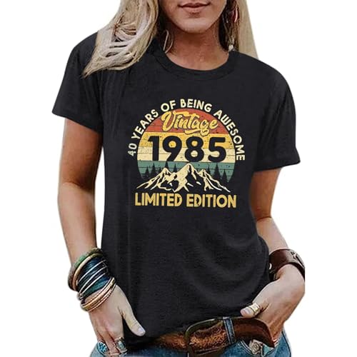 40th Birthday Shirts for Women 1985 Shirt Vintage Graphic Tees Retro Tshirts 40 Year Old Birthday Gifts Casual Tops2