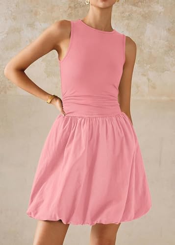 Image of KIRUNDO Summer Dresses for Women 2026 Cute Mini Sleeveless Bubble Dress | Stretchy Ruched Front Cinched Waist, Woven Balloon Skirt, Crewneck Tank Sundress With Pockets, Casual Party Vacation Outfits