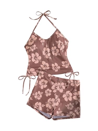 SHENHE Women's 2 Piece Halter Tankini Swimsuits with Shorts Tummy Control Floral Bathing Suits Brown...