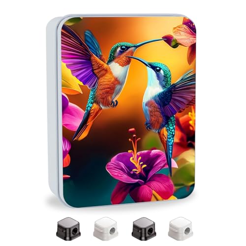 Image of Metal Tin Box with Lid for Game Cards Home Organizer Candles Keys Crafts Storage - Equipped with 4 Magnetic Cord Clips,Hummingbirds and flowers