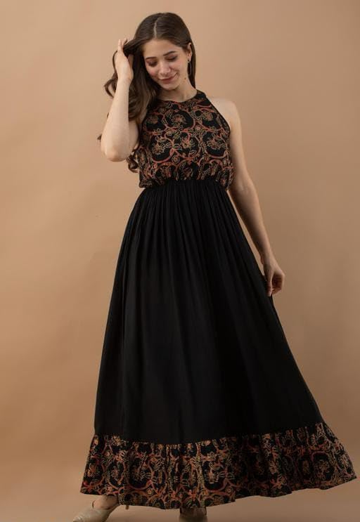 Image of Women's Embroidered Anarkali Maxi Dress | Sleeveless Ethnic Gown with Floral Print | Party Long Flared Dress for Women & Girls