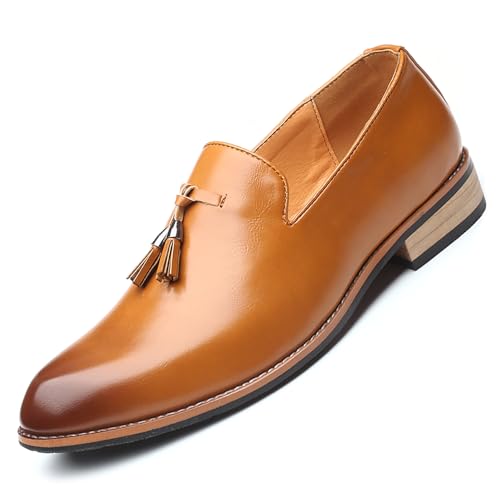 Men's Leather Slip On Tassel Loafers Classic Casual Non-Slip Low Heel Dress Shoes Formal Business Work Wedding Penny Loafers