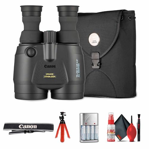 Canon 15x50 is All-Weather Image Stabilized Binoculars – High-Power 15x Magnification, Wide Field of View, Weather-Resistant Design + Flexible Tripod + 4X AA with Charger + Cleaning Kit (Renewed)
