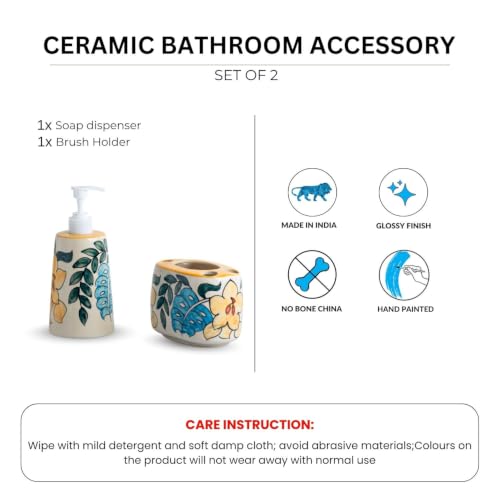 Image of ExclusiveLane 'Eden Bloom' Hand-Painted Ceramic Bathroom Accessories Set of 2 (Liquid Soap Dispenser for Wash Basin, Paste & Toothbrush Holder) |Handwash Dispenser |Bathroom Organiser Set