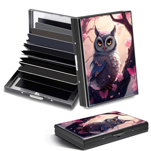 DHYYDSQZ Credit Card Holder, Cute Pink Owl Design Mini RFID Blocking Aluminum Wallet Slim Metal Hard Case Shell Travel Wallet ID Case Small Credit Cards Case Business Cards for Women Men Girls