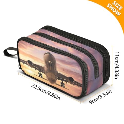 Image of Airplane Sunset Takeoff Large Capacity Pencil Case Box Boys Girls Big Stationery Pen Bag Organizer Pencil Pouch Zipper Compartments for School Office