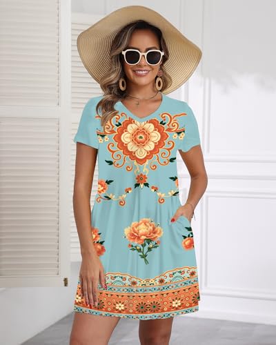 Image of COSSEN Women's Casual T Shirt Dress V-Neck Short Sleeves Swing Dresses Birthday Party Summer Travel Beach with Pocket