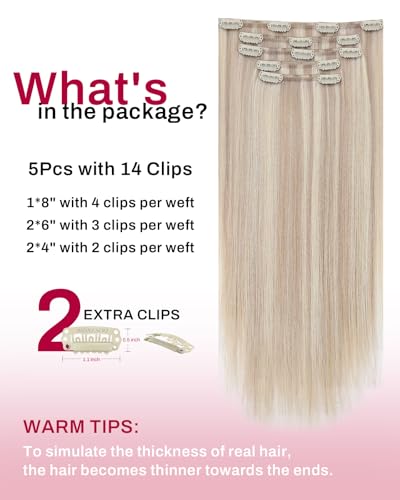 Image of Moresoo Blonde Highlight Clip in Hair Extensions Human Hair Ash Blonde with Bleach Blond Remy Real Human Hair Extensions Clip ins Short for Women Double Weft 80g /5pcs 14 inch