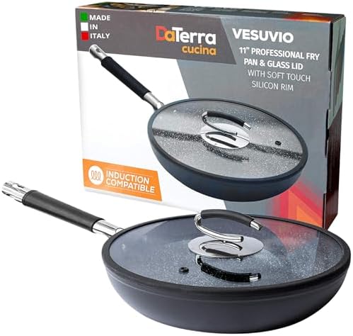 DaTerra Cucina 11" Nonstick Ceramic Frying Pan with Lid – Oven & Induction Safe, High Heat Resistant Nonstick Cookware, Dishwasher Safe, Durable & Stylish - Volcanic Black Speckled – Made in Italy