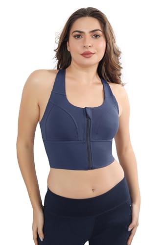 Image of Fabluk Women's Medium Impact Front Zip Sports Bra - Longline Fitness Crop Top with Criss-Cross Back, Wire-Free Yoga & Workout Tank, Sizes M-2XL