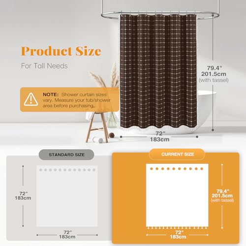 Image of BTTN 78 Inch Long Shower Curtain - Boho Farmhouse Linen Ultra Thick Fabric Shower Curtain Set with Plastic Hooks, Tall Rustic Country Weighted Cloth Shower Curtains for Bathroom Decor - Brown - 72x78